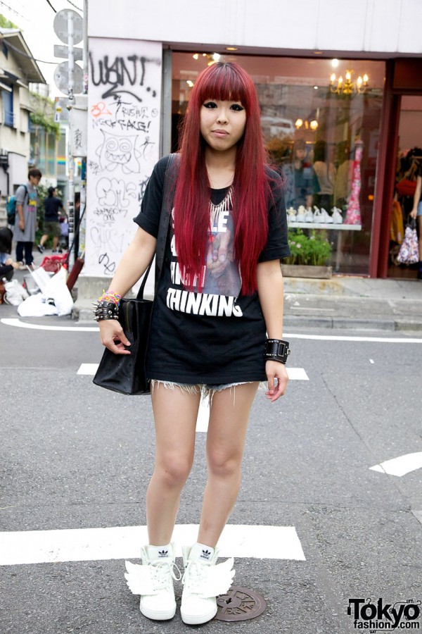 Girl’s Magenta Hair, Rodeo Crowns Tee & Jeremy Scott x Adidas Winged Sneakers