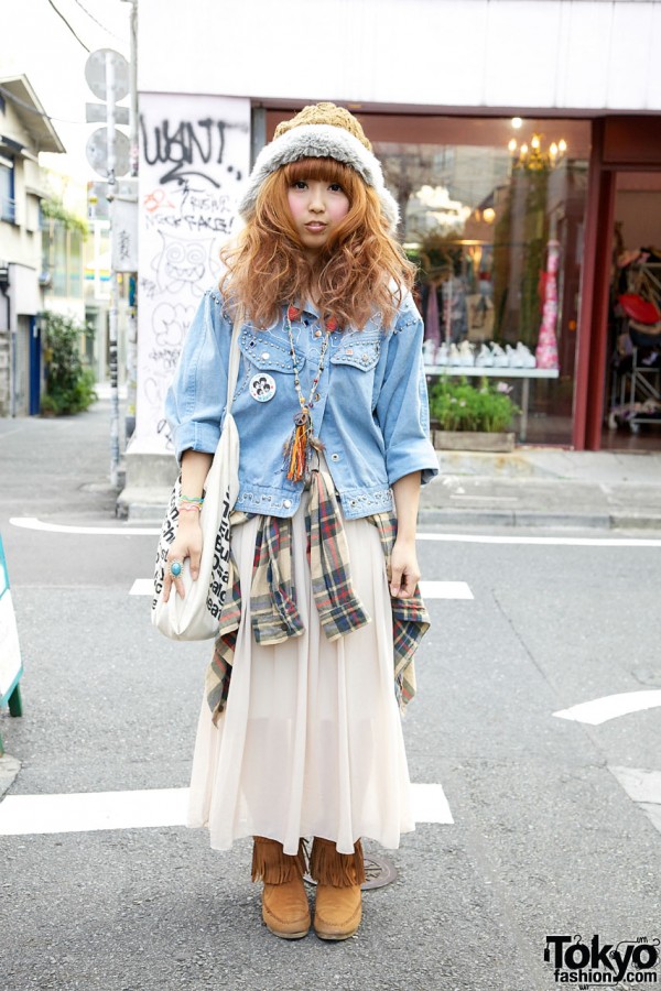 70s Girl’s Fur-Trimmed Hat, Studded Denim Jacket & Moccasin Boots