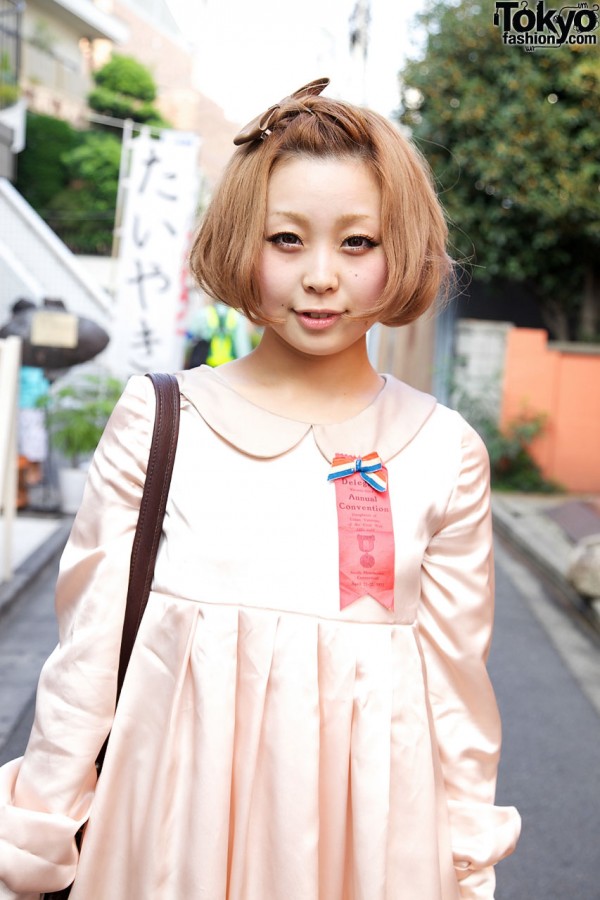 Peach dress & vintage ribbon in Harajuku