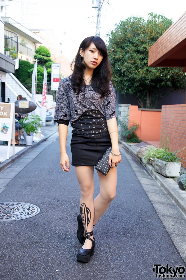 Miniskirt, Distressed Top & Tattoo Stockings in Harajuku