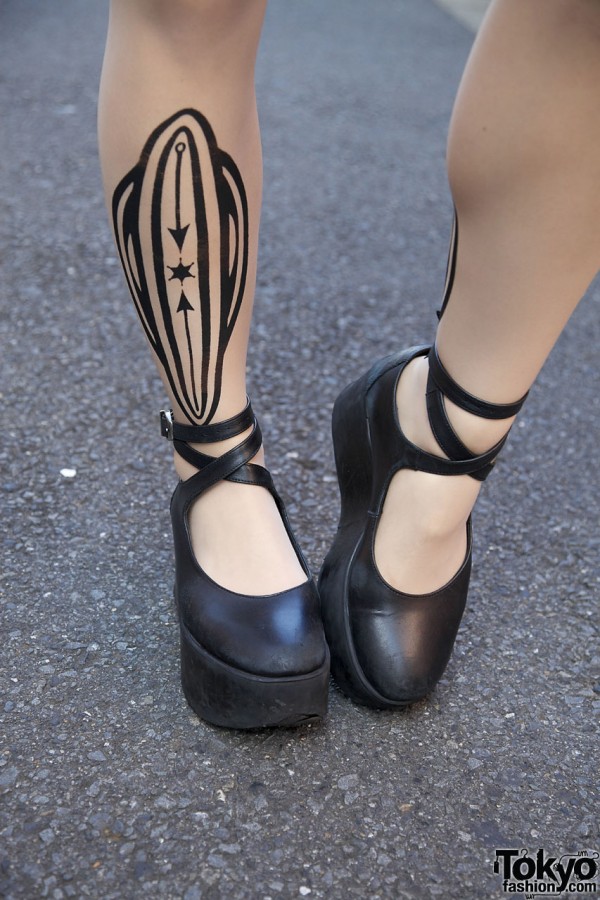 Tattoo stockings & platform shoes w/ ankle straps in Harajuku