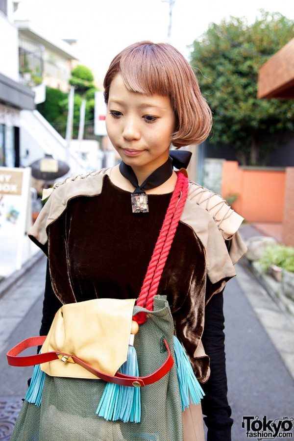 Toga Velvet Dress & Banzai Mesh Bag in Harajuku