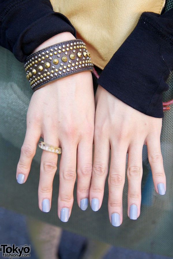 Blue nails, clear ring & studded wristband in Harajuku