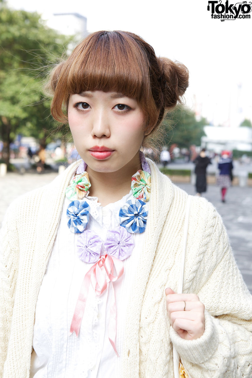 Japanese Girl S Double Bun Hairstyle Knit Sweater Gingham Skirt