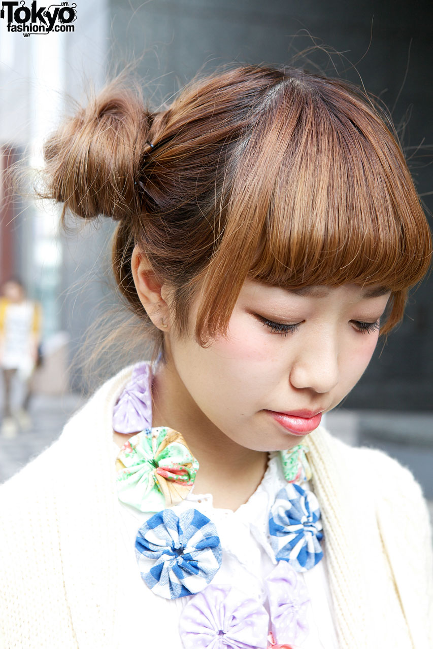 Japanese Girlâ€™s Double Bun Hairstyle, Knit Sweater, Gingham Skirt ...