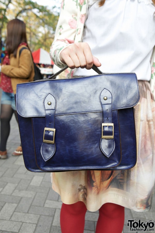 Blue leather satchel in Shinjuku