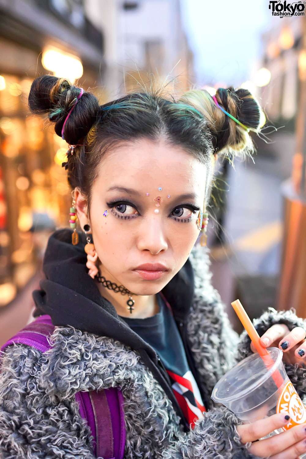 Hirari Ikeda in Harajuku w/ Long Coat & Colorful Double Bun Hairstyle