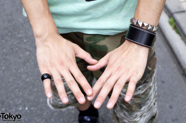 Black ring, leather wristband & studded bracelet