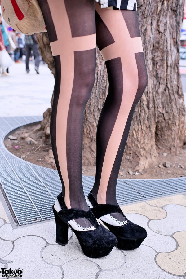 Harajuku Girl W Vertical Stripes Graphic Tights And Suede Heels