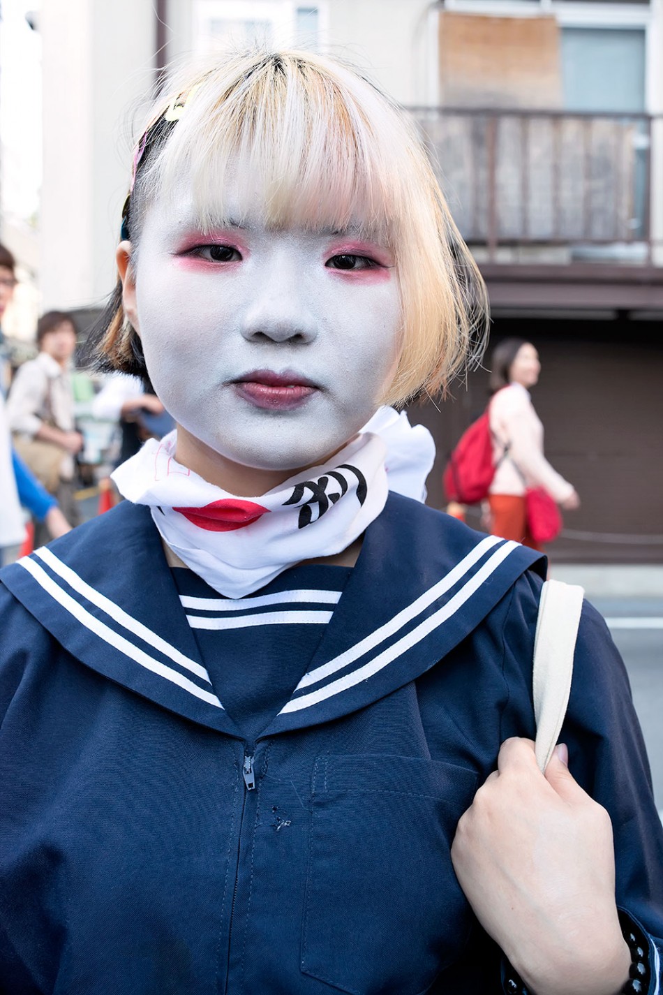 Shironuri Wearing Japanese School Uniforms in Harajuku