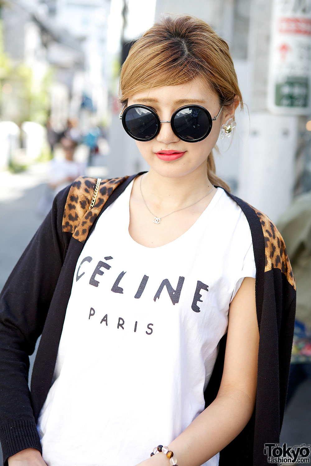 Celine Top w/ Buyma Cardigan, Denim Shorts & Clear Clutch in Harajuku