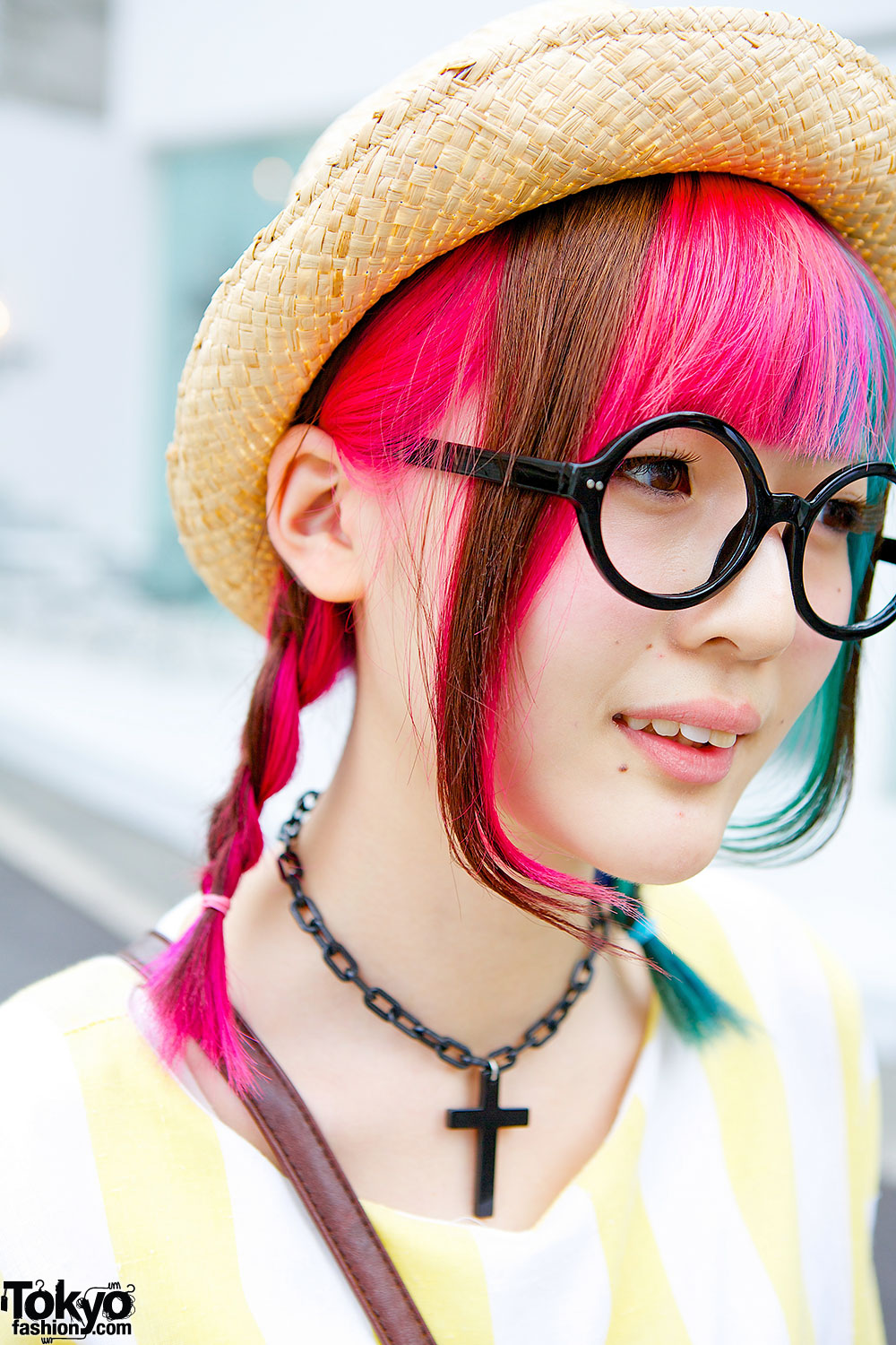 Pink Blue Twin Braids W Round Glasses And Straw Hat In Harajuku