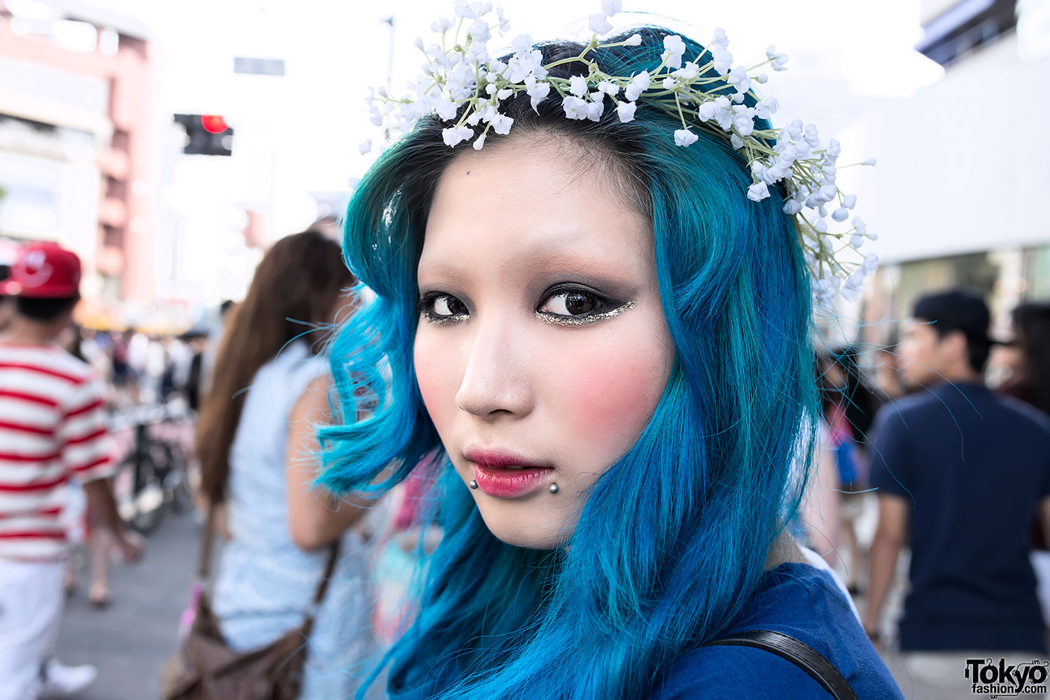 blue hair and flower crown