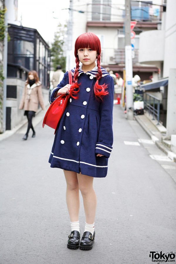 Cute Sailor Coat, Heart Handbag & Loafers in Harajuku