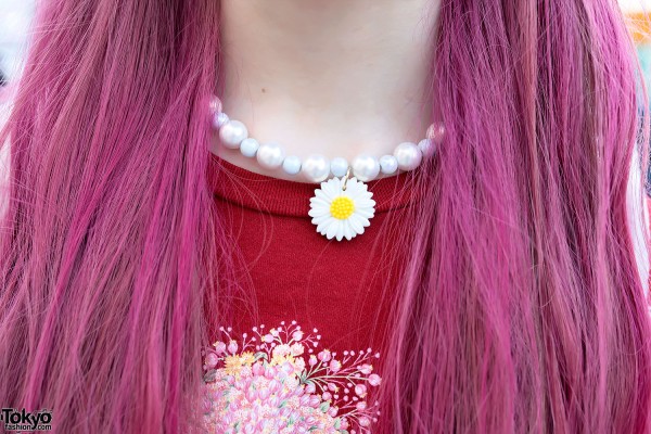 Pink Hair & Flower Choker Necklace