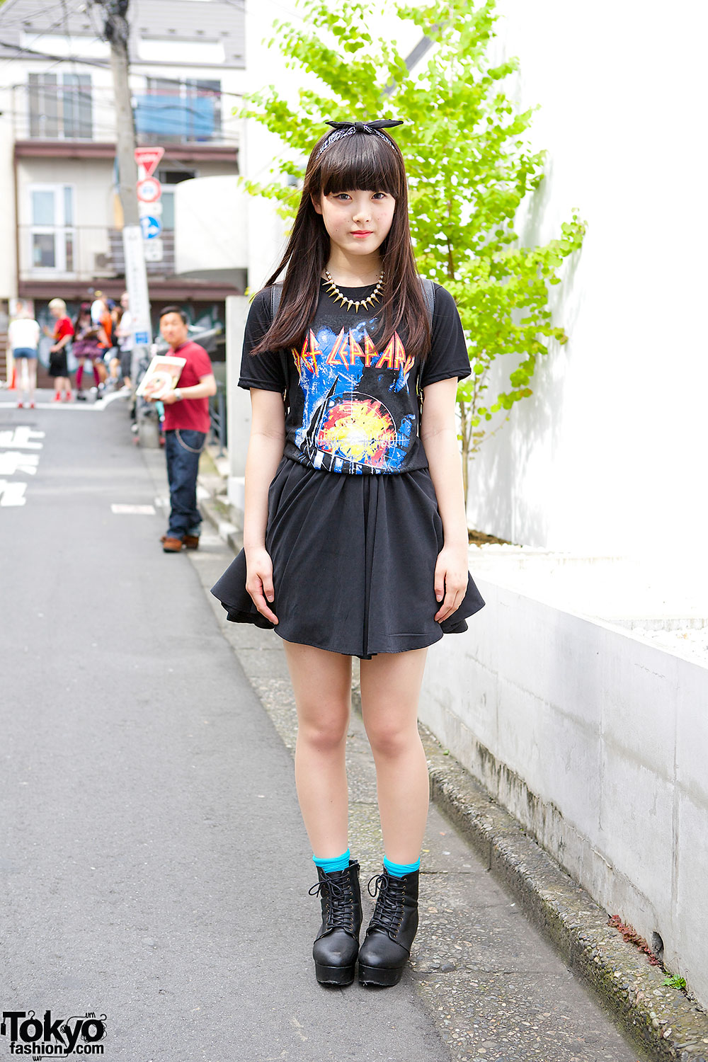 Def Leppard T-Shirt w/ Mini Skirt, Spikes Necklace & Boots in Harajuku