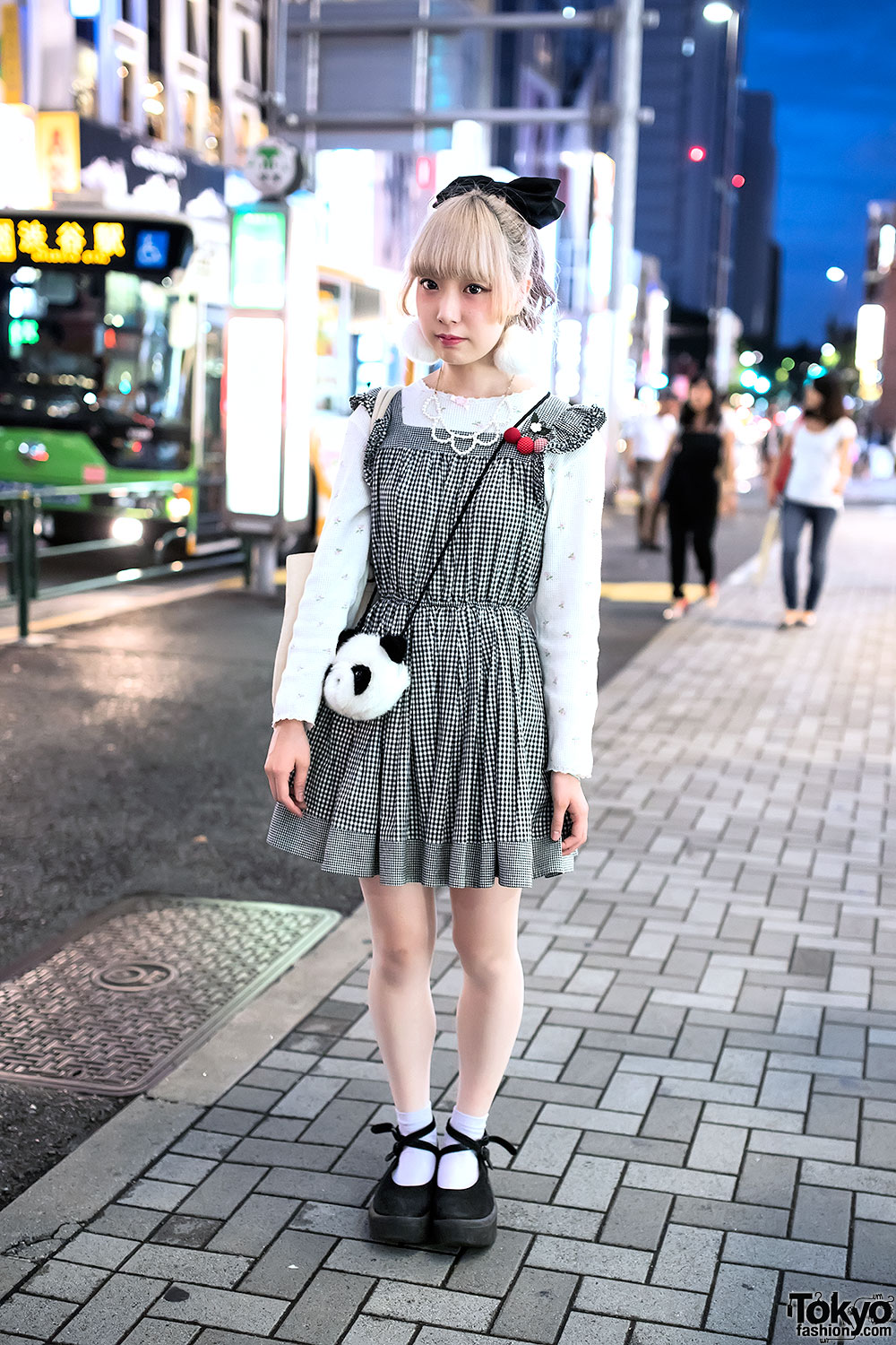 Gingham Dress, Panda Purse, Pom Pom Earrings & Tokyo Bopper in Harajuku