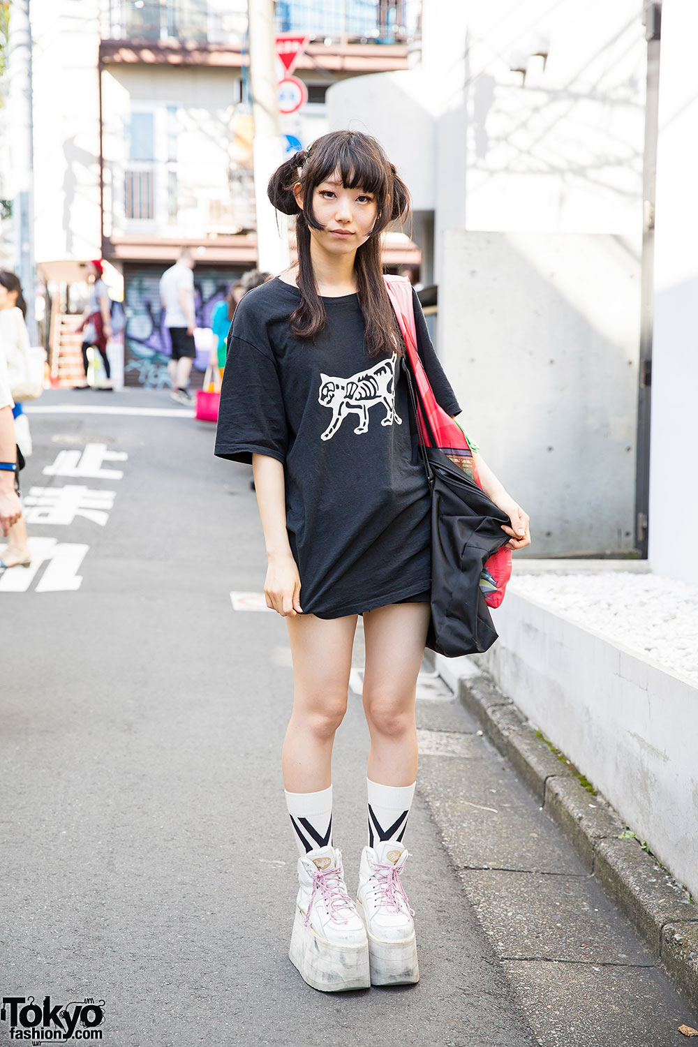 Harajuku Girl w/ Undercover Skeleton Cat T-Shirt & Buffalo Platforms