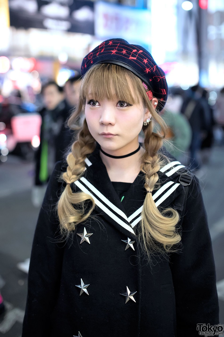 Candy Stripper Sailor Jacket, Plaid Midi Skirt & Platform Heels in Harajuku