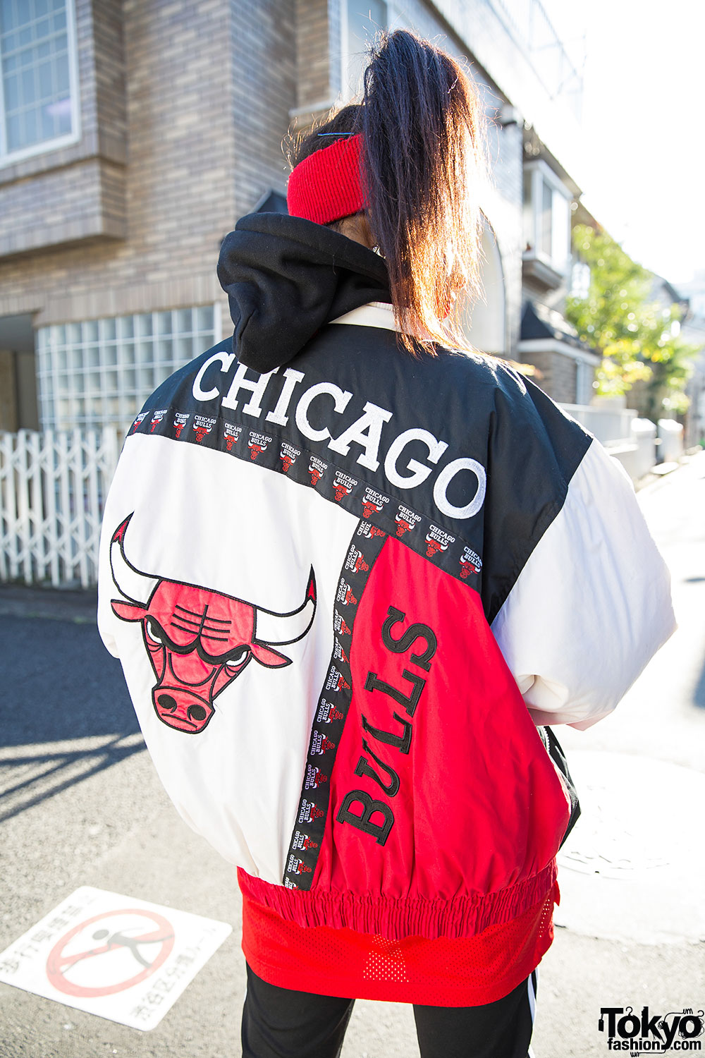 Harajuku Girl in Chicago Bulls Bomber Jacket, Adidas & Air Jordans