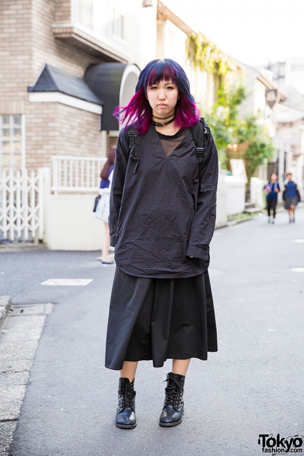 Purple-Blue Hair & All Black Fashion