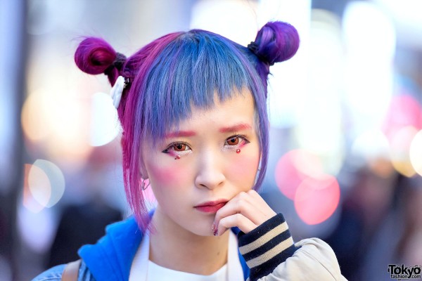 Pink Purple Double Buns Hairstyle