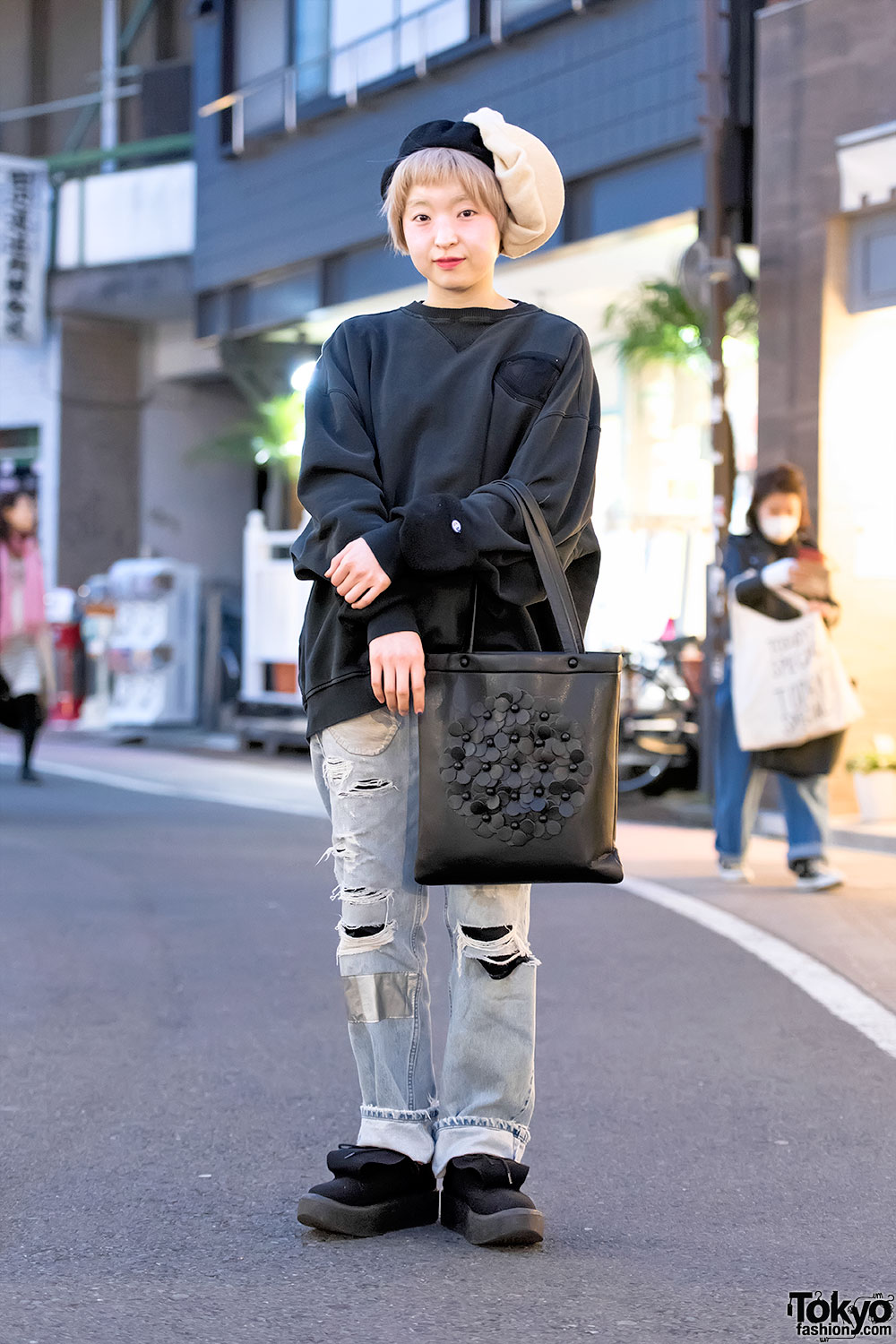 Harajuku Girl in Torn Denim, Tokyo Bopper, Otoe Hat & Champion Sweatshirt