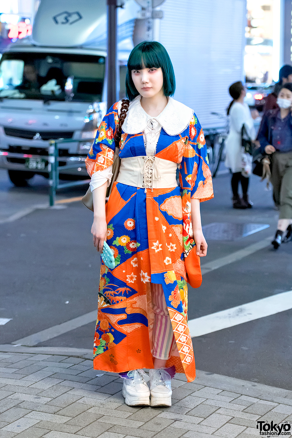 Kimono Jacket Corset Blue Hair And Winged Shoes In Harajuku