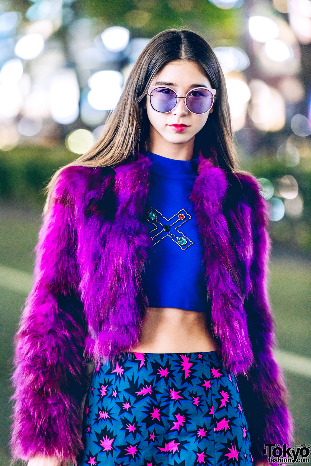 Japanese Fashion Model in Harajuku w/ Purple Faux Fur Jacket, Purple
