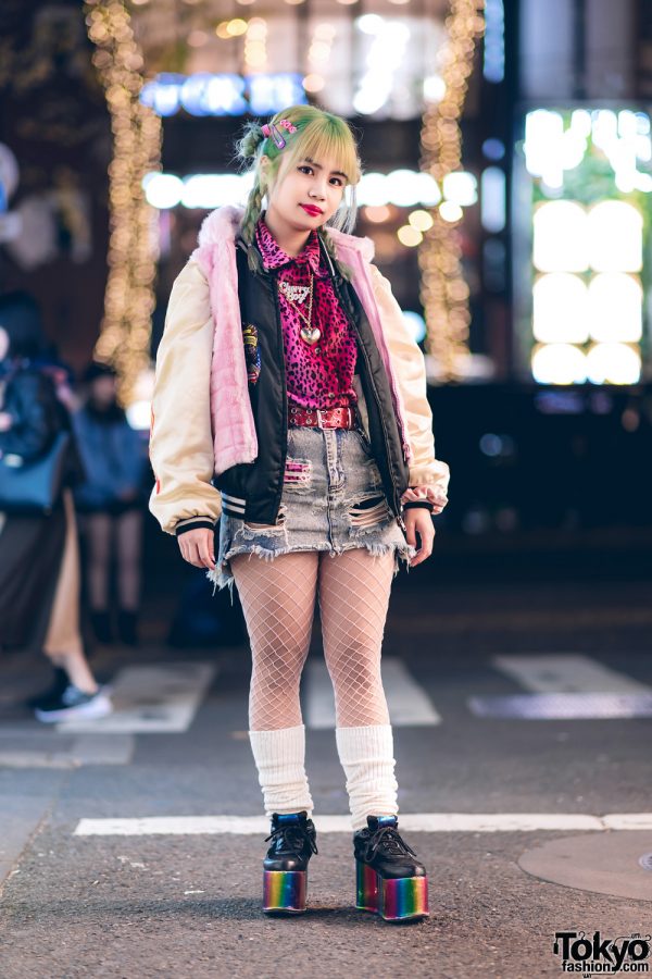 Harajuku Girl Streetwear Style w/ Green Braids, Pinnap Furry Vest, Kinji Distressed Denim Skirt, 7% More Pink, Fishnets & YRU Platforms