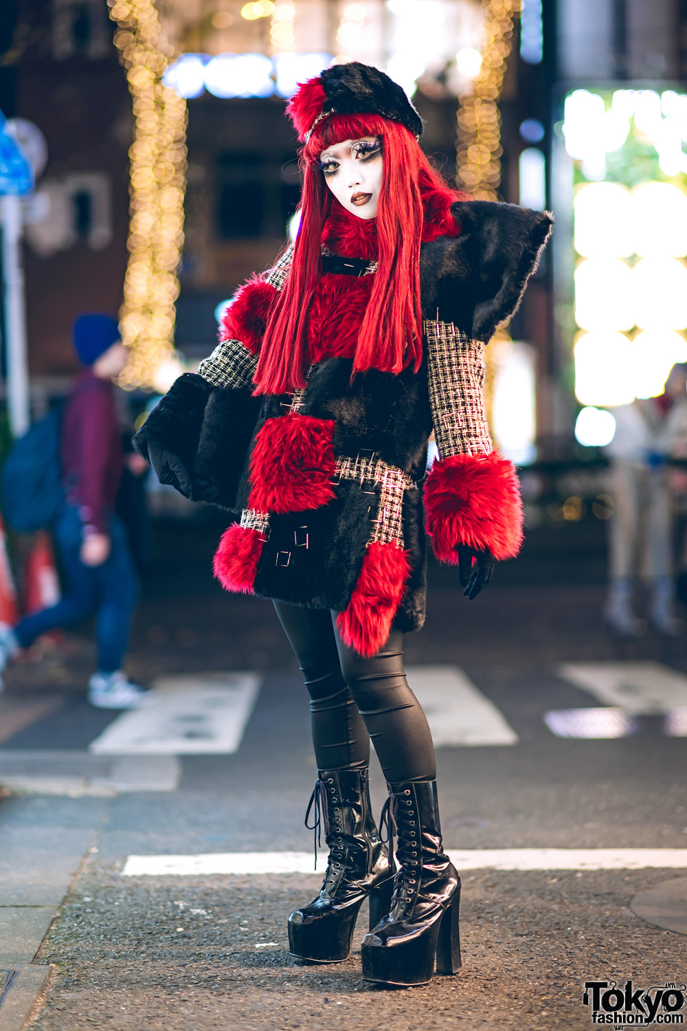 Japanese Shironuri Artist Minori in Red & Black Vintage, Handmade & Remake Fashion in Harajuku