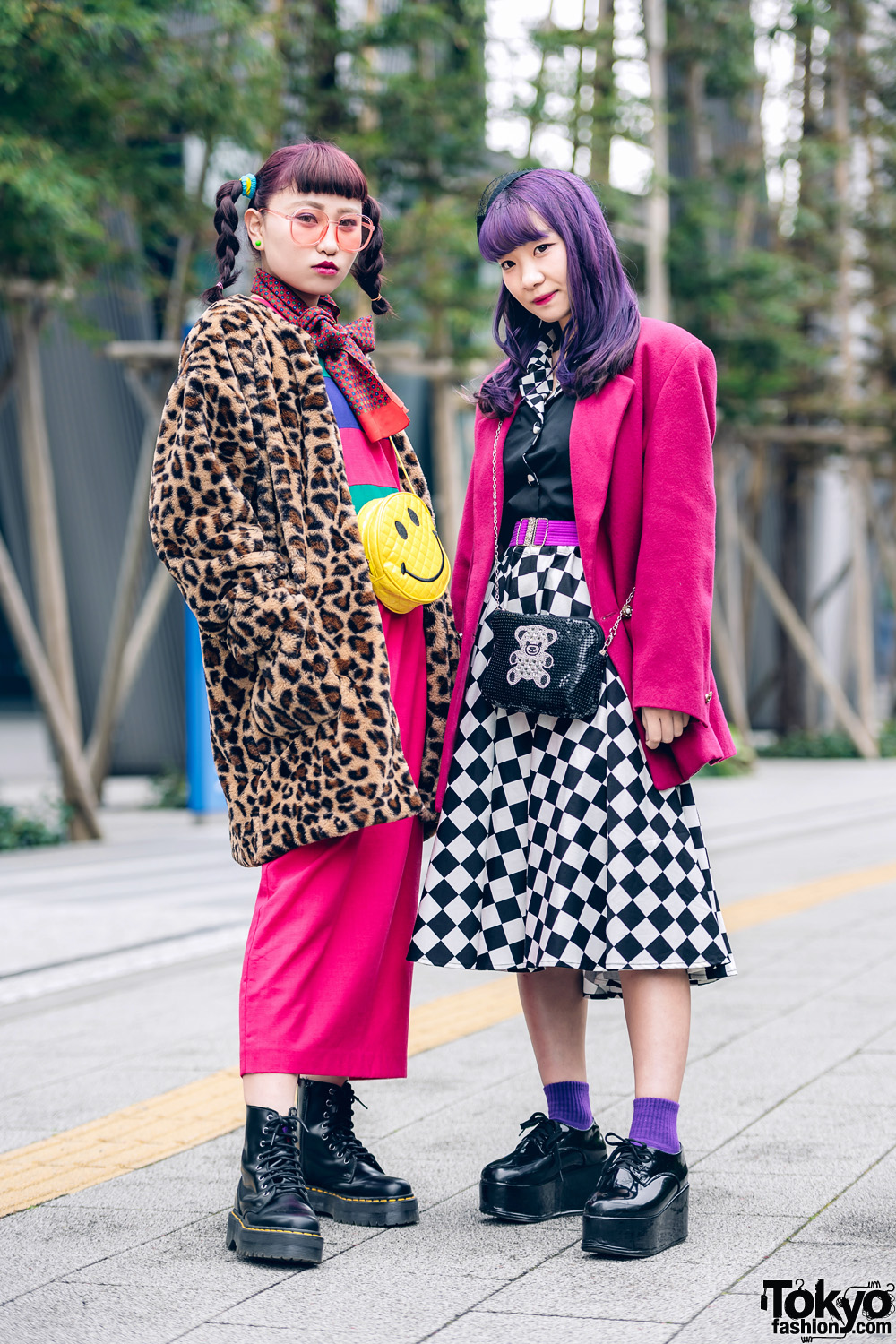 Kawaii Tokyo Girls Street Styles w/ Purple Hair, WEGO Leopard Coat, RRR Vintage Blazer, Checkered Skirt