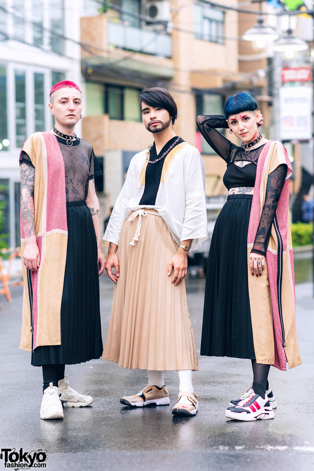 Chilean Designer Cris Miranda Street Styles in Tokyo w/ Pink & Blue Hair, Half-Robes, Remake Fashion, Pleated Maxi Skirts, Barbwire Necklace & Tabi Sneakers