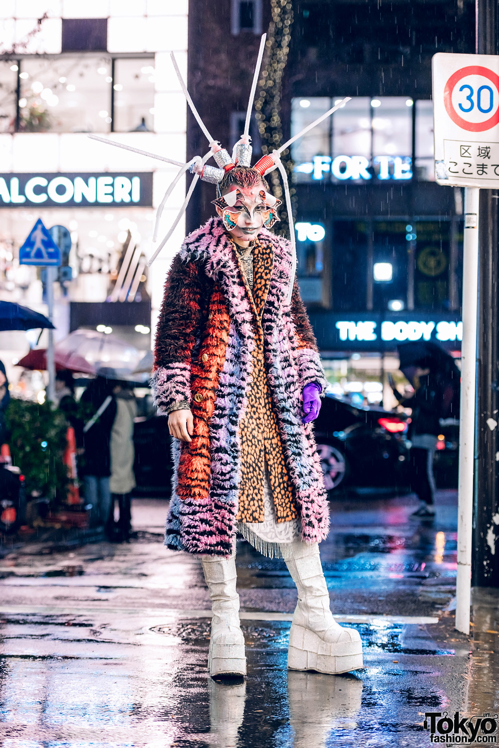 Avant-Garde Tokyo Street Style w/ Butterfly Face Makeup, Tubes Headpiece, Faux Fur Coat, Animal Prints & Demonia Platform Glitter Boots