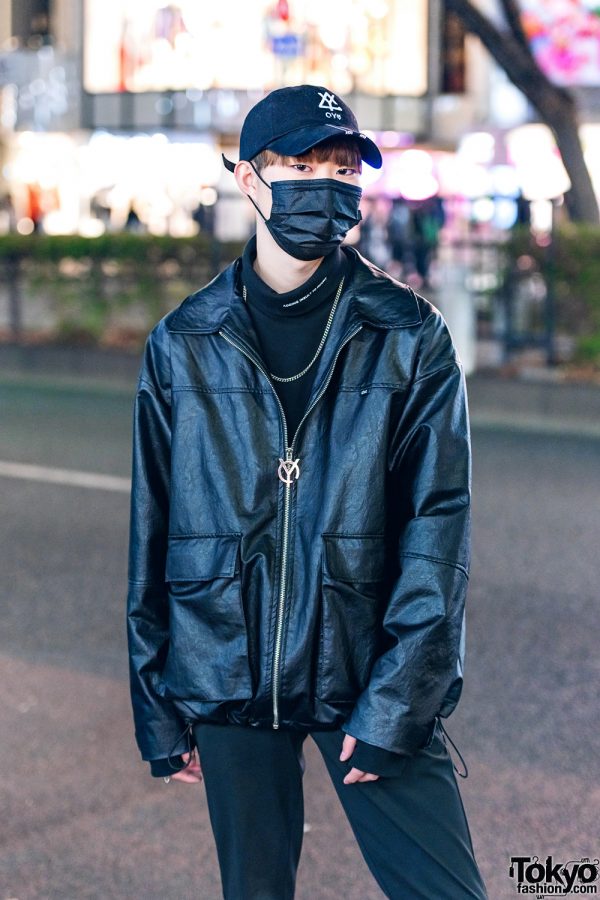 All Black Mens Minimalist Japanese Street Style w/ OY Cap, Leather
