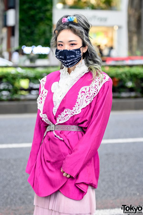 Face Mask & Pink Belted Blazer in Tokyo