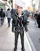 Dog Harajuku Feather Jacket, Oversized Metal Necklace & Buckle Boots