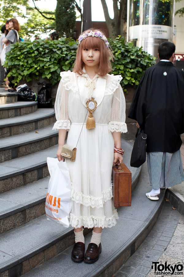 Japanese girl with lacey dress & brown loafers