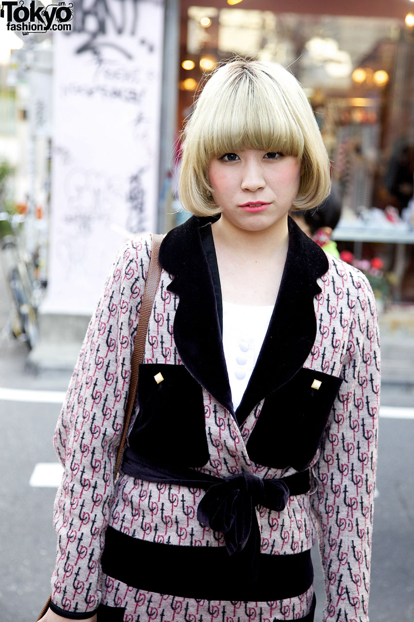 Japanese Fashion Student w/ Blonde Bob & Pixel Heart Earring in Harajuku