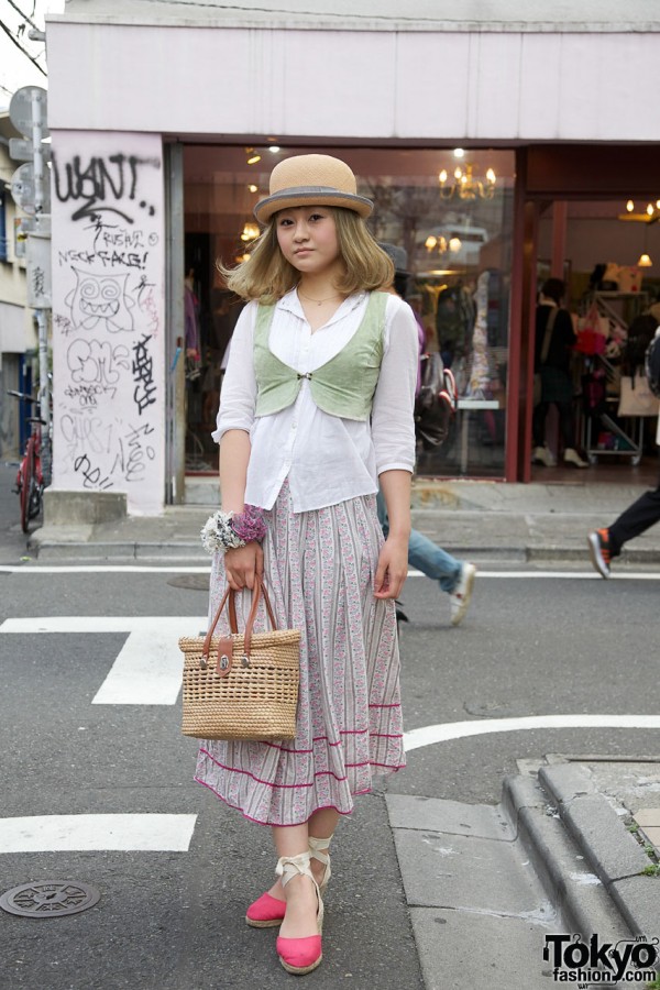 Straw Hat, Velvet Bolero & Rope Espadrilles in Harajuku