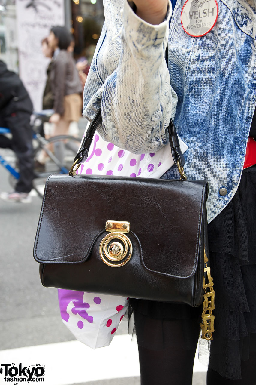 Acid Wash Jacket, Buttons & Vintage Handbag in Harajuku – Tokyo Fashion