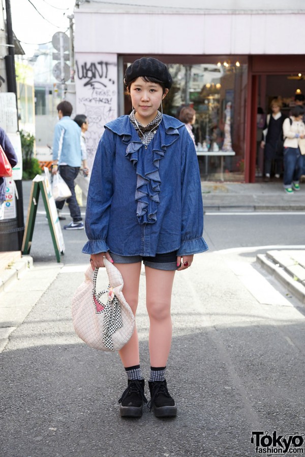Denim Poet Shirt, Platform Shoes & Handmade Bag in Harajuku