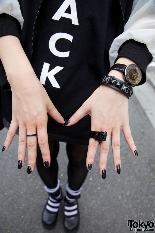 Black Nails & Rings in Harajuku