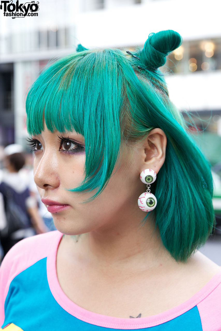 Ling Tosite Sigure Fan w/ Green Odango Hair, Eyeball Earrings & Heart ...