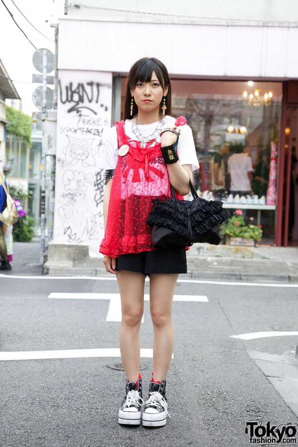 Japanese Girl’s Safety Pin Necklace, Cross Earrings & Platform Sneakers