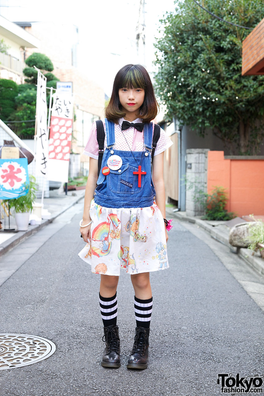 Harajuku Girl’s Remade Overalls, Bow Tie & Soccer Socks – Tokyo Fashion