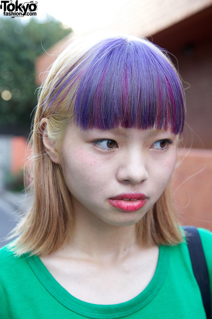 Purple Bangs Japanese Hairstyle & Belted T-Shirt Dress in Harajuku