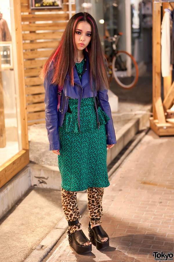 Hirari in Harajuku w/ Cut Jacket, Leopard Leggings & Studded Platforms