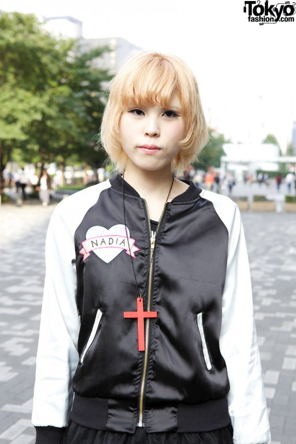 Nadia satin jacket & red cross necklace in Shinjuku
