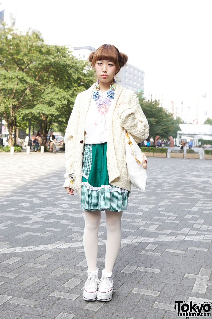 Japanese Girl's Double Bun Hairstyle, Knit Sweater, Gingham Skirt & Platform Converse